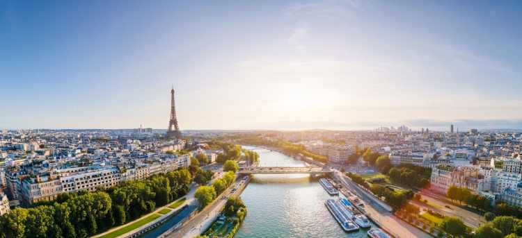 Paris aerial panorama with river Seine and Eiffel tower, France