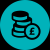 Local and airport taxes - round icon in aqua and white showing stack of coins and pound sign