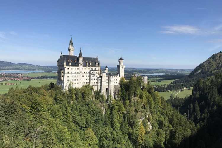 Neuschwanstein Castle surrounded by forest and fields | Hohenschwangau, Austria | Walk and Discover