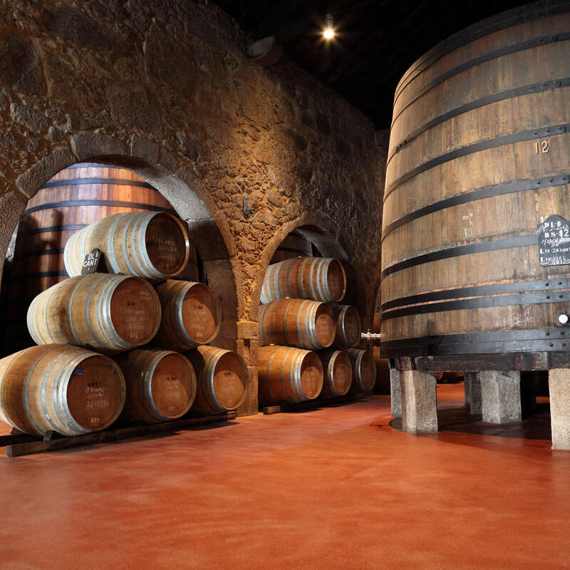 Porto wine cellar with wooden barrels in Porto, Portugal