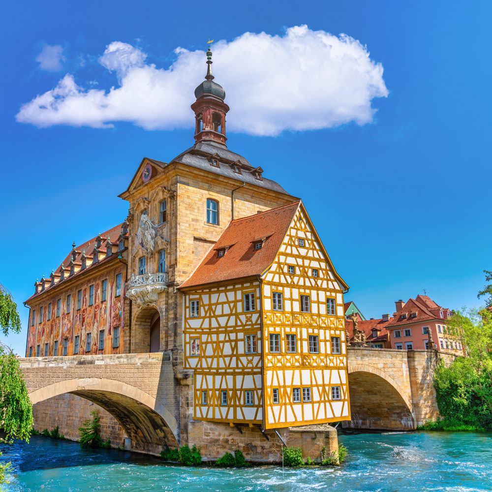 Old town hall above the river Regnitz in the historic old town of Bamberg