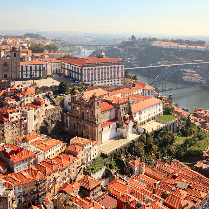 View of both cathedrals and river, Porto
