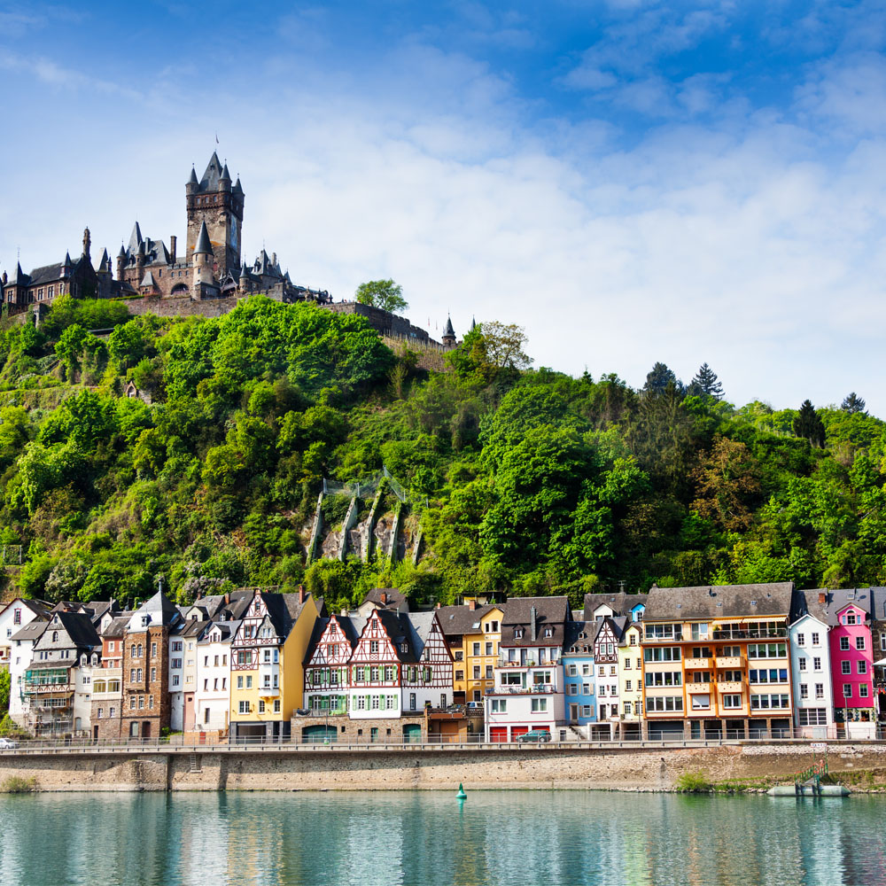 Cochem Imperial Castle on the mountain and Mosel river bellow, Germany