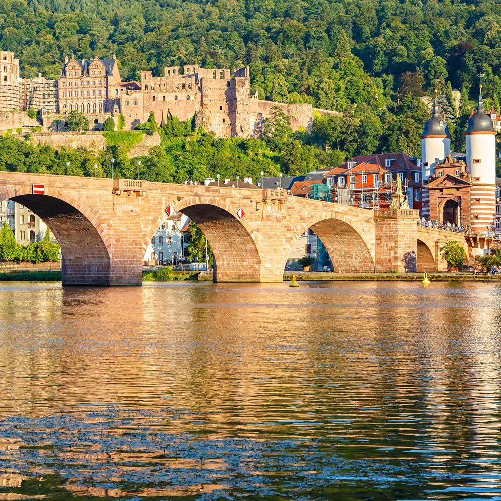 Beautiful view of Alte Brücke bridge, castle and Neckar river in Heidelberg