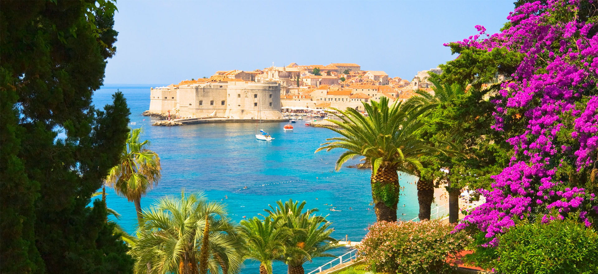 Palm trees with the walls of Dubrovnik's old town on the coast in the distance | Dubrovnik, Croatia