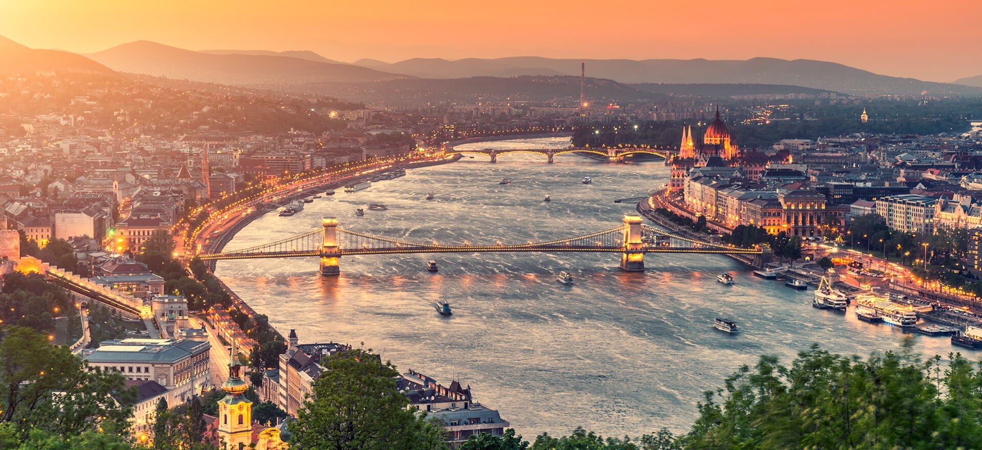 Danube river in Budapest at sunset